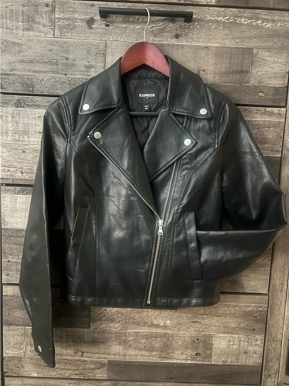 Black Express Faux Leather cropped moto jacket size XS